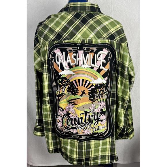 Time and Tru Tops - flannel jacket nashville country music festival plaid shirt green western boho